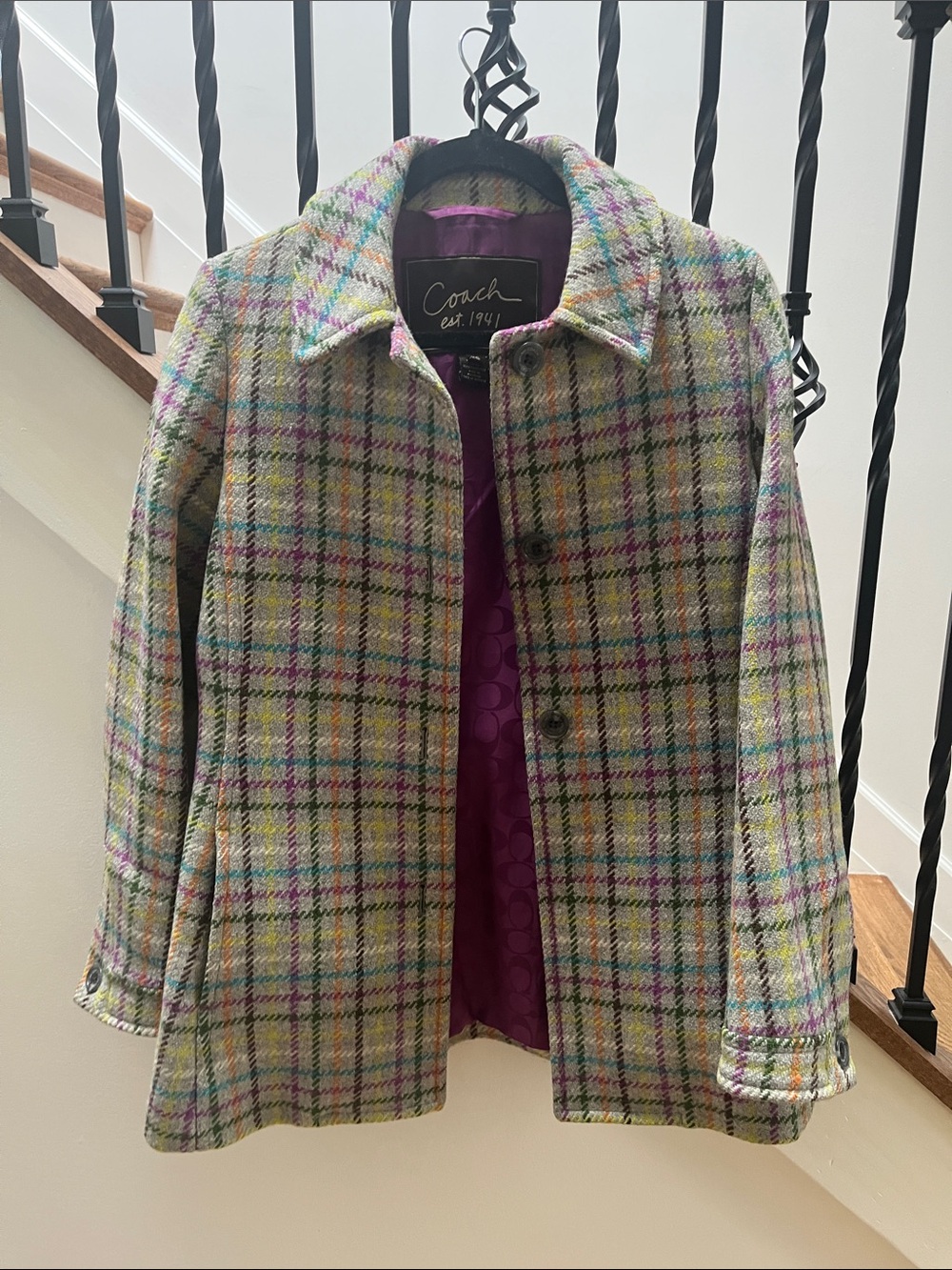 Coach Plaid Wool Blend Jacket in Multicolor Checks
